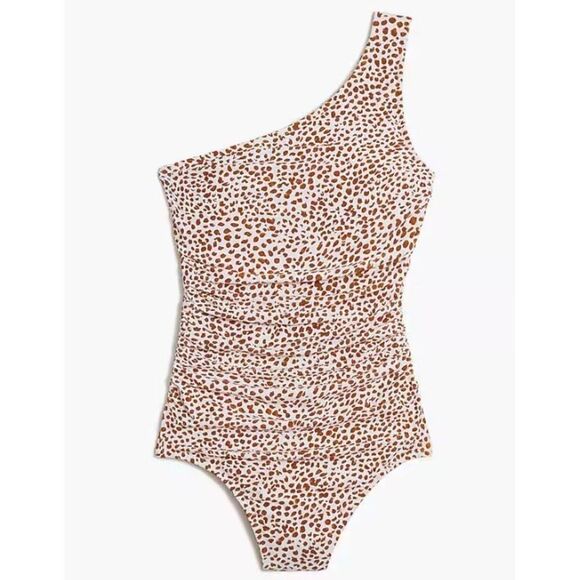 J. CREW One Piece Swimsuit XXL Brown White Animal Print Ruched One Shoulder - Picture 1 of 13